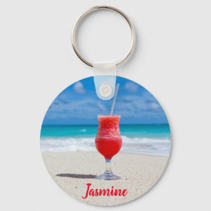 Tropical Blue Ocean Beach Bliss Custom Name Key Ring
