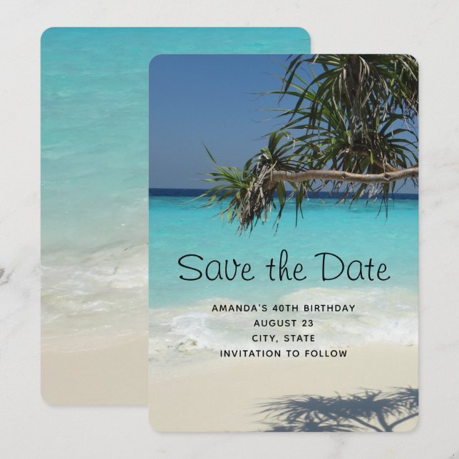 Tropical Blue Ocean Beach Scene Photo Birthday Save The Date (Front/Back)