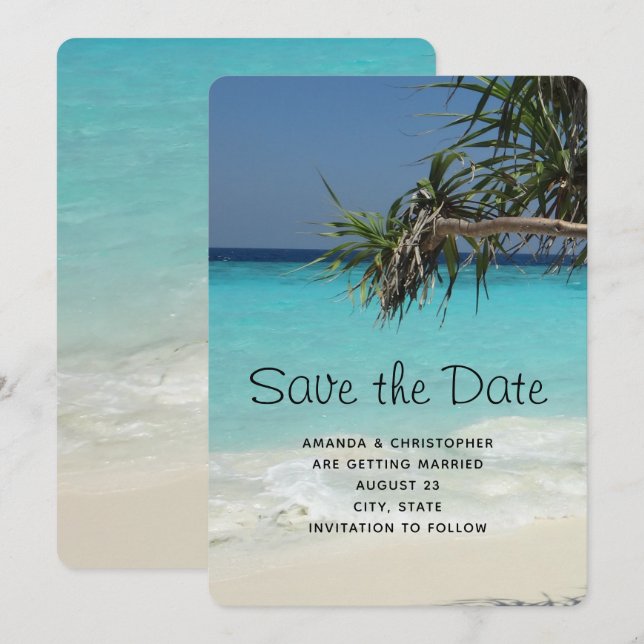 Tropical Blue Ocean Beach Scene Photo Wedding Save The Date (Front/Back)