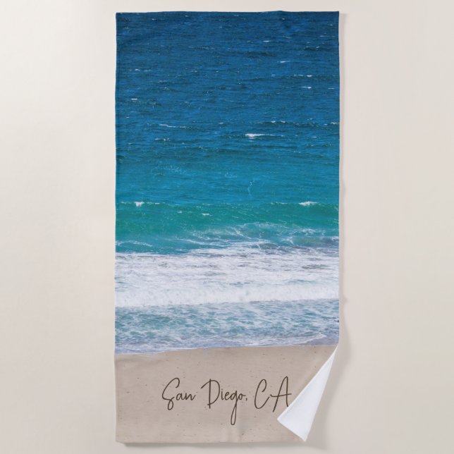 Tropical Blue Ocean Beach Waves Personalised Beach Towel (Front)