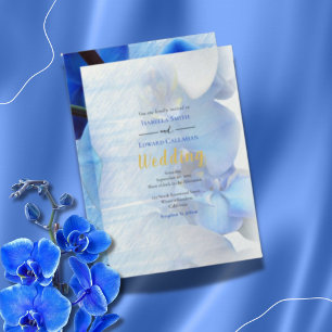 Tropical Blue Orchid Floral Gold Frame Wedding Inv Invitation