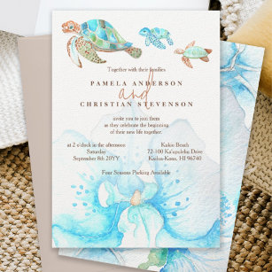Tropical Blue Orchid & Sea Turtles Wedding Invitation