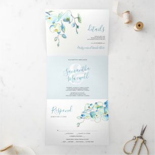 Tropical Blue Orchid Trifold Wedding Invitation
