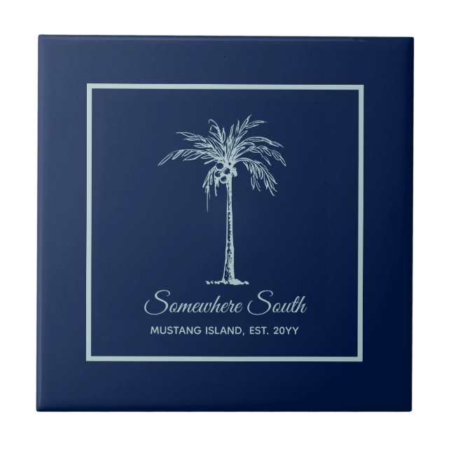 Tropical Blue Pale Teal Palm Tree Personalised Tile (Front)