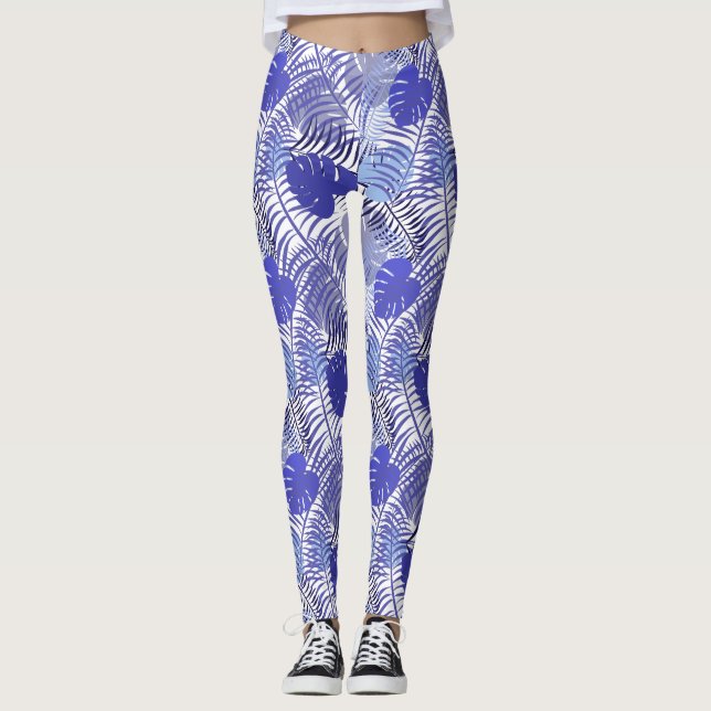 Tropical Blue Palm Leaf Leggings (Front)