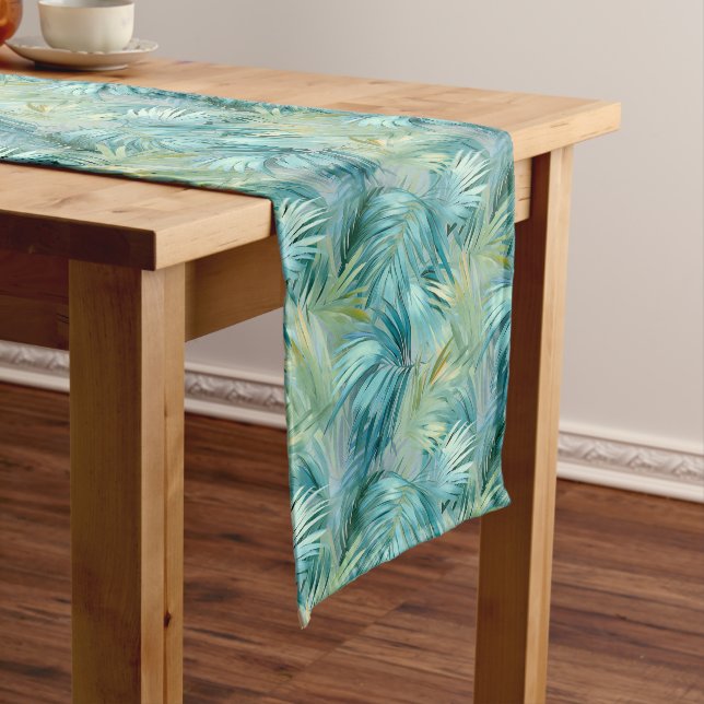Tropical Blue Palm Leaf Watercolour Patterned Short Table Runner (In Situ)