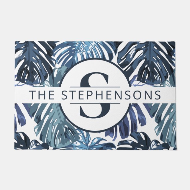 Tropical Blue Palm Leaves Chic Monogram Doormat (Front)