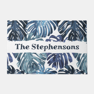 Tropical Blue Palm Leaves Family Name  Doormat