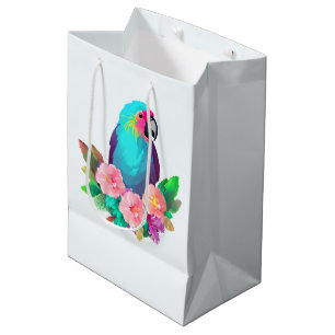 Tropical Blue Parrot with Tropical Flowers Medium Gift Bag