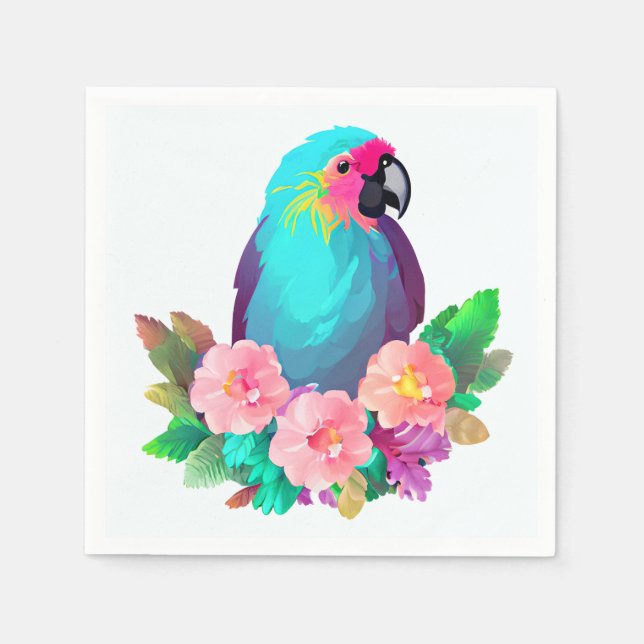 Tropical Blue Parrot with Tropical Flowers Napkin (Front)