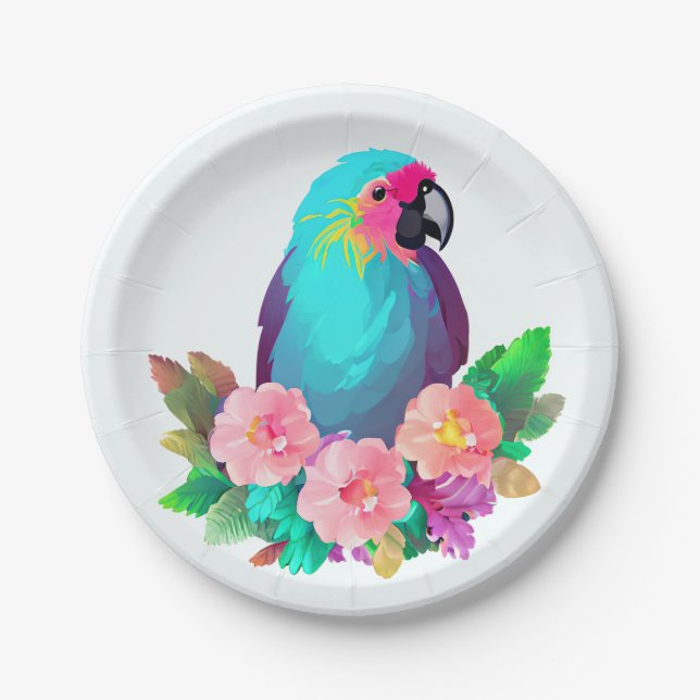 Tropical Blue Parrot with Tropical Flowers Paper Plate (Front)