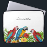 Tropical blue parrots leaves summer name laptop sleeve<br><div class="desc">Tropical birds,  parrots in blue,  yellow and red sitting on green palm leaves.  Decorated with tropical flowers. Elegant white as background. Template for a name,  black hand lettered style script.</div>