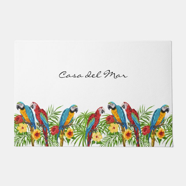 Tropical blue parrots summer house name doormat (Front)