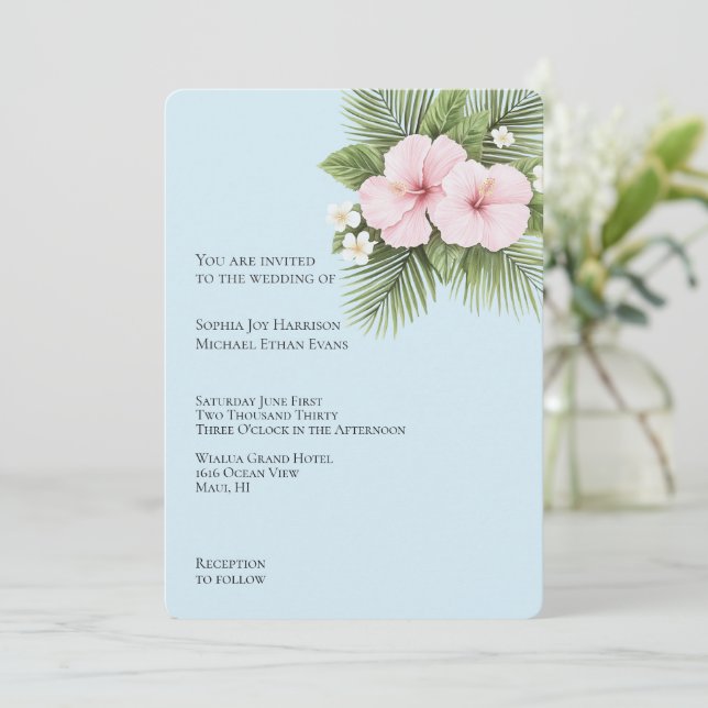 Tropical Blue Pink Hibiscus Floral Wedding Invitation (Standing Front)