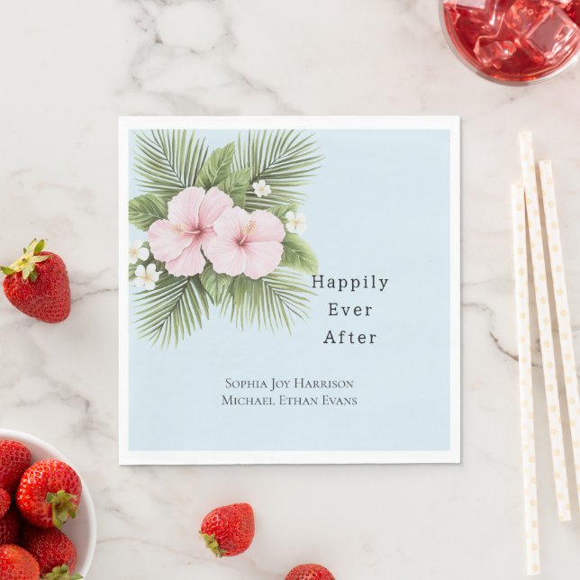 Tropical Blue Pink Hibiscus Floral Wedding Napkin (Insitu)
