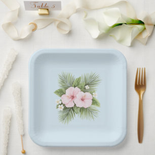 Tropical Blue Pink Hibiscus Floral Wedding Paper Plate