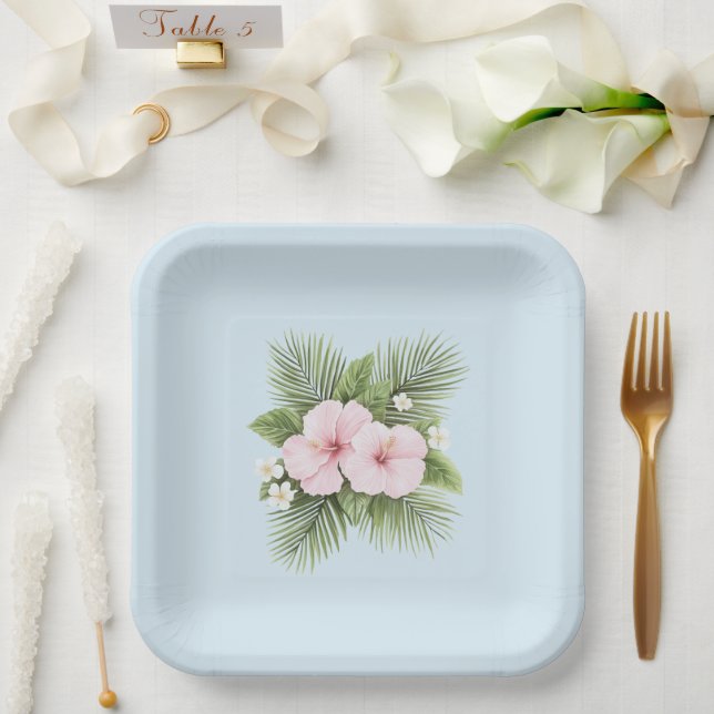 Tropical Blue Pink Hibiscus Floral Wedding Paper Plate (Wedding)