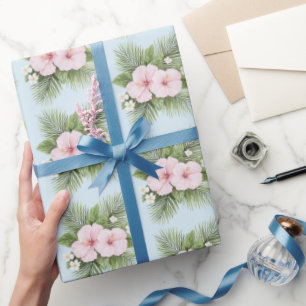 Tropical Blue Pink Hibiscus Floral Wedding Wrapping Paper