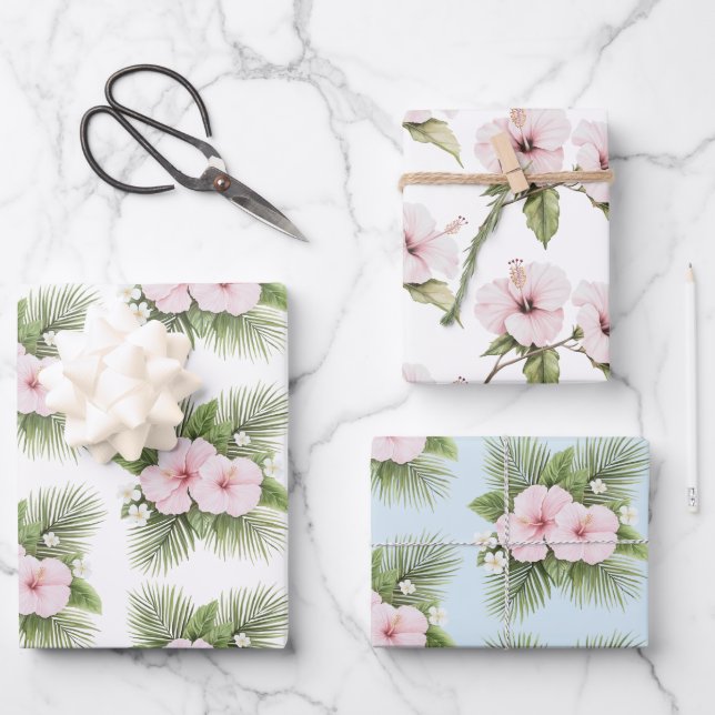 Tropical Blue Pink Hibiscus Floral Wedding Wrapping Paper Sheet (Front)