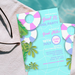 Tropical Blue Pool Float Sweet 16 Birthday Party Invitation
