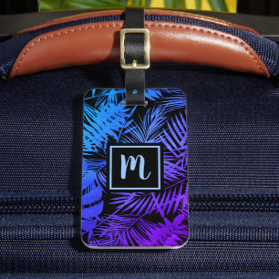 Tropical blue purple palm leaf monogram modern luggage tag