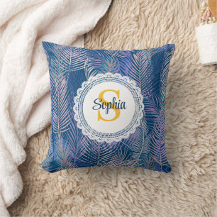 Tropical Blue & Purple Palm Leaf Monogram Name Cushion