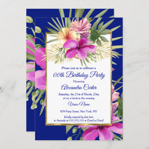 Tropical Blue Purple Pink Hibiscus Floral Party Invitation