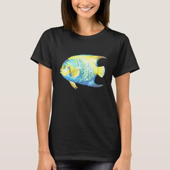 Tropical Blue Queen Angelfish Aquarium Watercolor  T-Shirt (Front)
