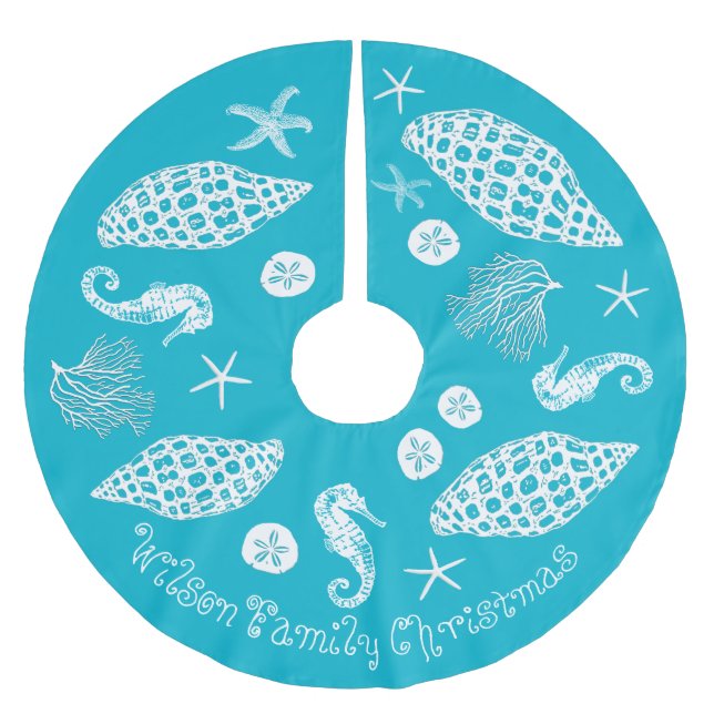Tropical Blue Sea Life Print Custom Text Brushed Polyester Tree Skirt (Front)