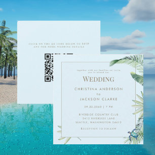 Tropical Blue Sea Turtle Square QR Code Wedding Invitation