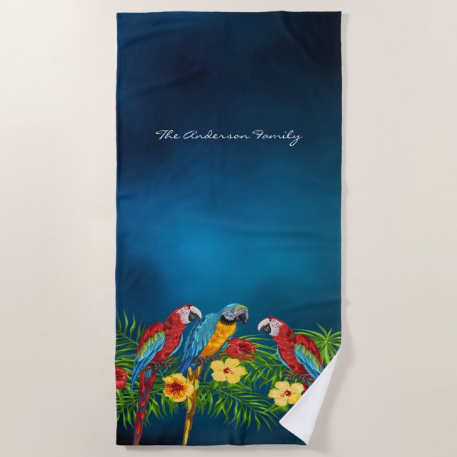 Tropical blue sky parrots summer family name beach towel (Front)