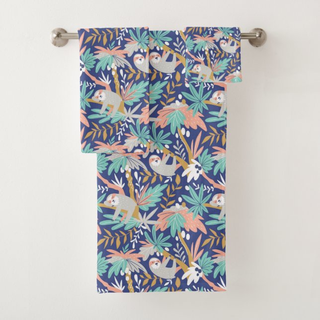 Tropical Blue Sloth Pattern Bath Towel Set (Insitu)