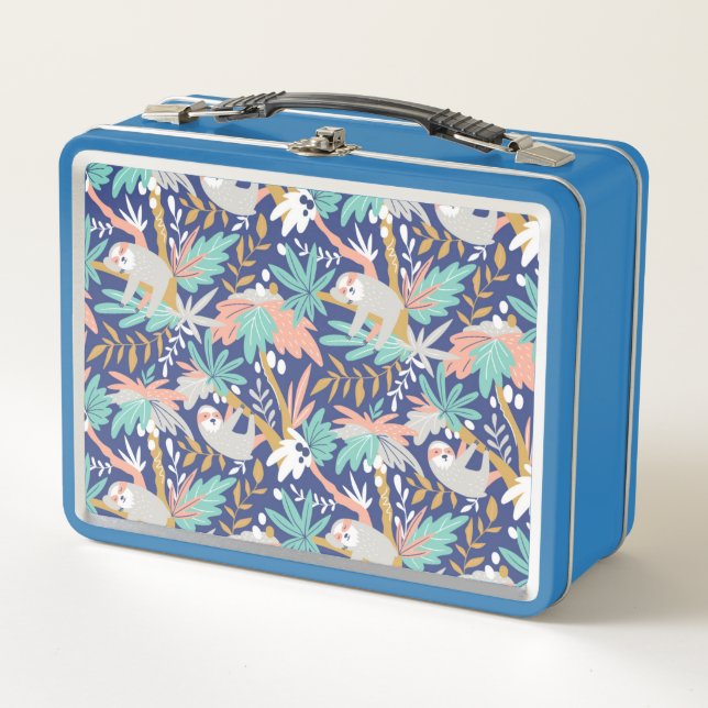 Tropical Blue Sloth Pattern Metal Lunch Box (Front)