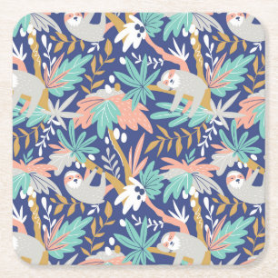 Tropical Blue Sloth Pattern Square Paper Coaster