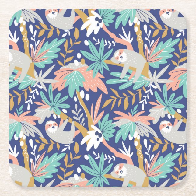 Tropical Blue Sloth Pattern Square Paper Coaster (Front)