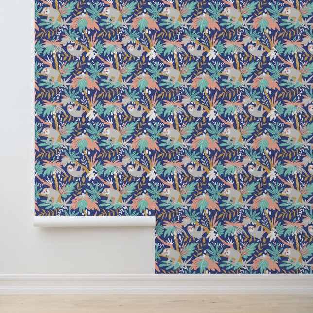 Tropical Blue Sloth Pattern Wallpaper (Application)
