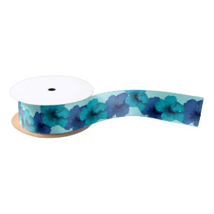 Tropical Blue Teal Hibiscus Flowers Satin Ribbon