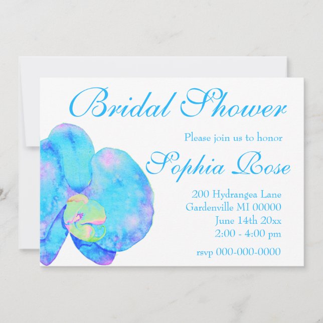 Tropical Blue Teal watercolor orchid painting Invitation (Front)