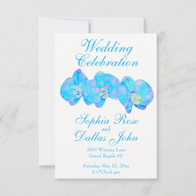 Tropical Blue Teal watercolor orchid painting Invitation (Front)