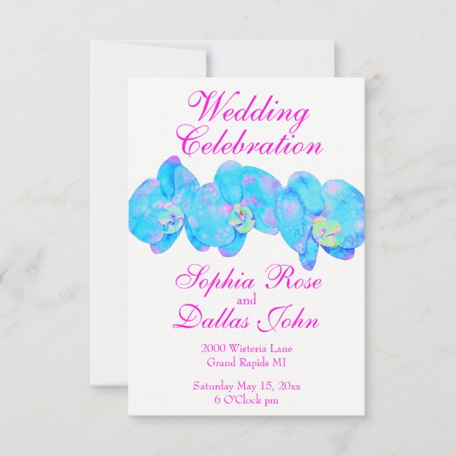 Tropical Blue Teal watercolor orchid painting Invitation (Front)
