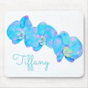 Tropical Blue Teal watercolor orchid painting Mouse Mat