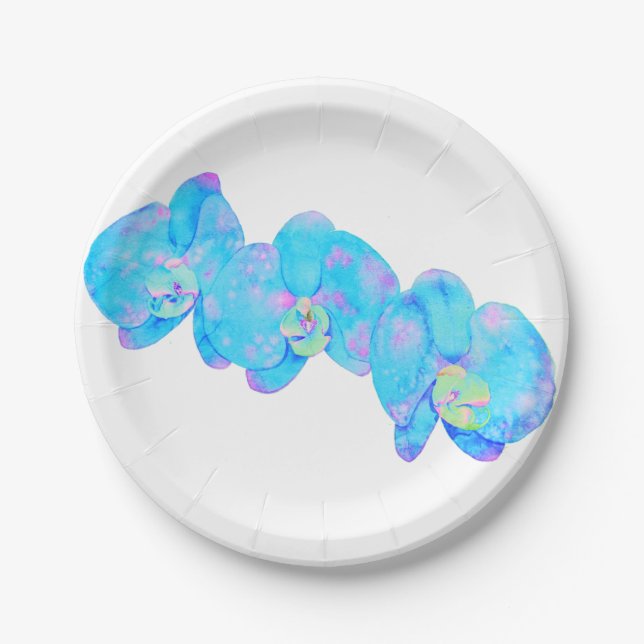 Tropical Blue Teal watercolor orchid painting Paper Plate (Front)