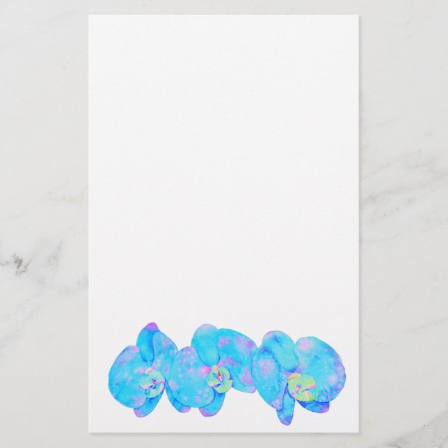 Tropical Blue Teal watercolor orchid painting Stationery (Front)