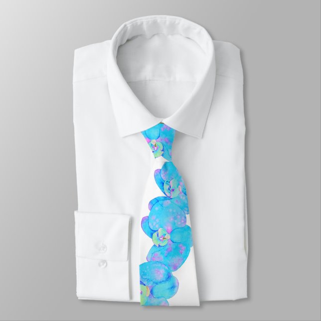 Tropical Blue Teal watercolor orchid painting Tie (Tied)