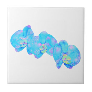 Tropical Blue Teal watercolor orchid painting Tile