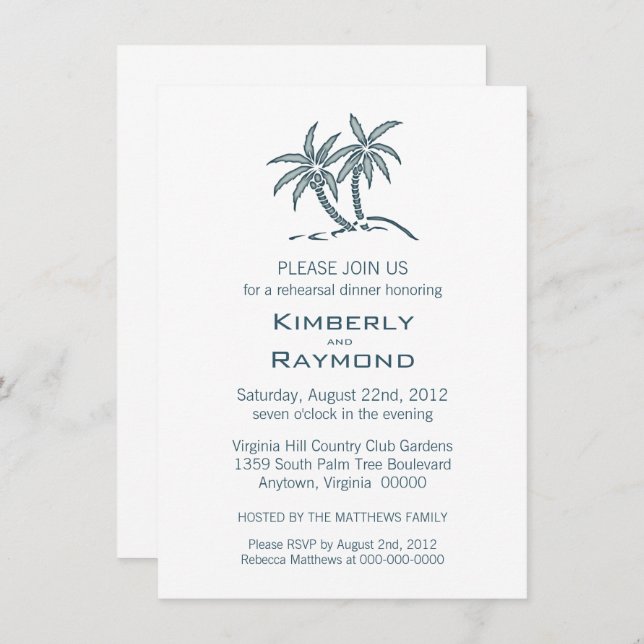 Tropical Blue Twin Palm Trees Rehearsal Dinner Invitation (Front/Back)