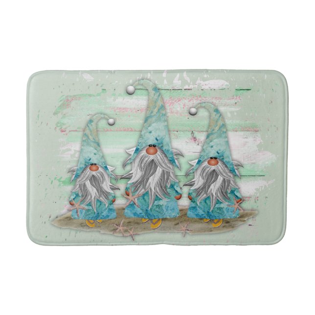 Tropical Blue Watercolor Beach Gnomes Bath Mat (Front)