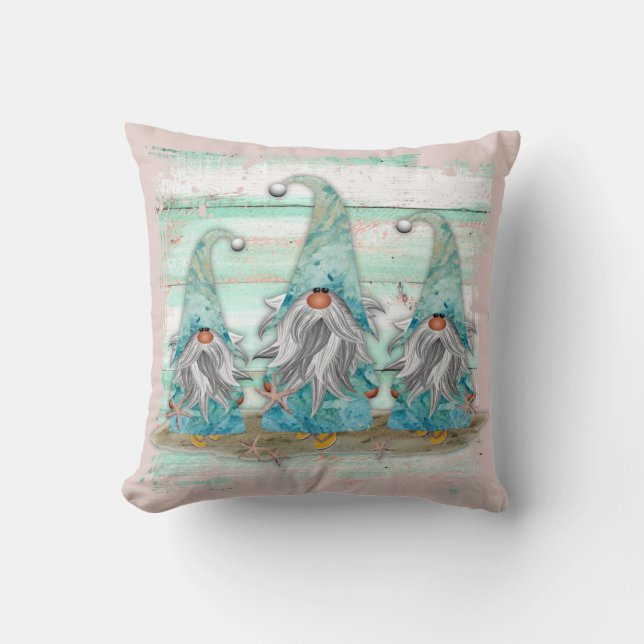 Tropical Blue Watercolor Beach Gnomes Cushion (Front)
