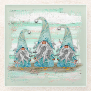 Tropical Blue Watercolor Beach Gnomes Glass Coaster