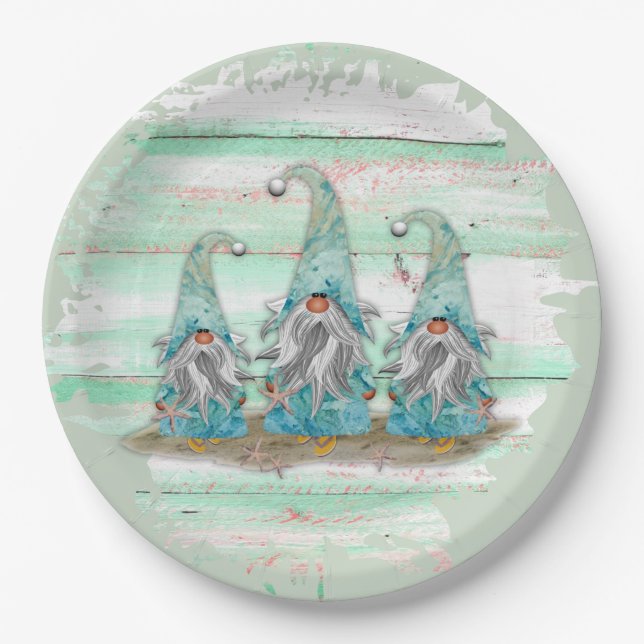 Tropical Blue Watercolor Beach Gnomes Paper Plate (Front)